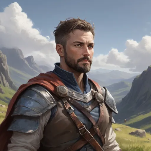 Prompt: Male stocky heavy-set 35-year old arcanist with short-cut hair and beard, in a windy mountain field, , casting a spell, pathfinder, d&d setting, enhanced shadow quality