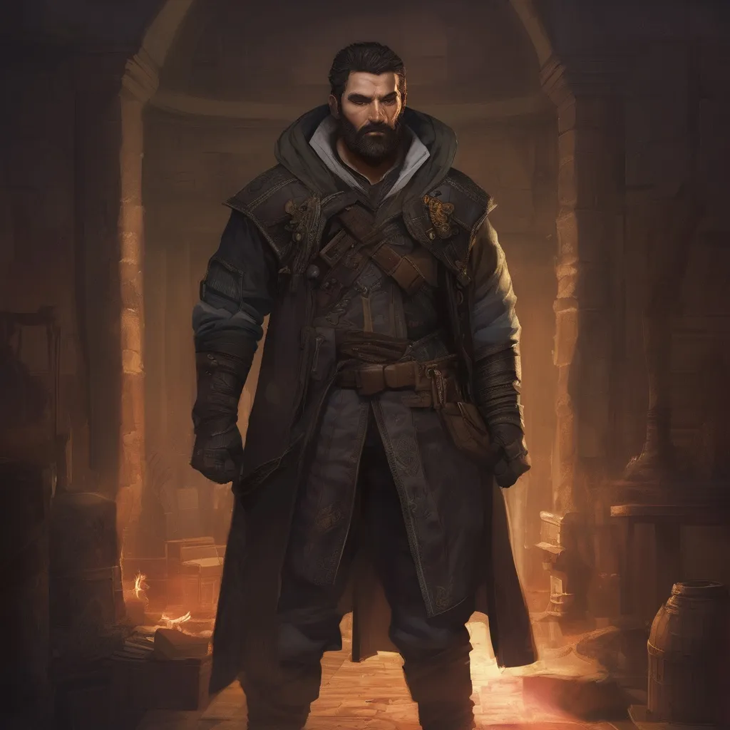 Prompt: (Full body) male stocky big-chested Noble thief with short hair and beard, in a dark room, pathfinder, d&d setting, in a realistic digital art style