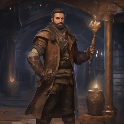 Prompt: (Full body) male stocky middle-aged magical artificer with black short-cut hair and beard, in a dark underground, pathfinder, d&d setting, in a realistic digital art style