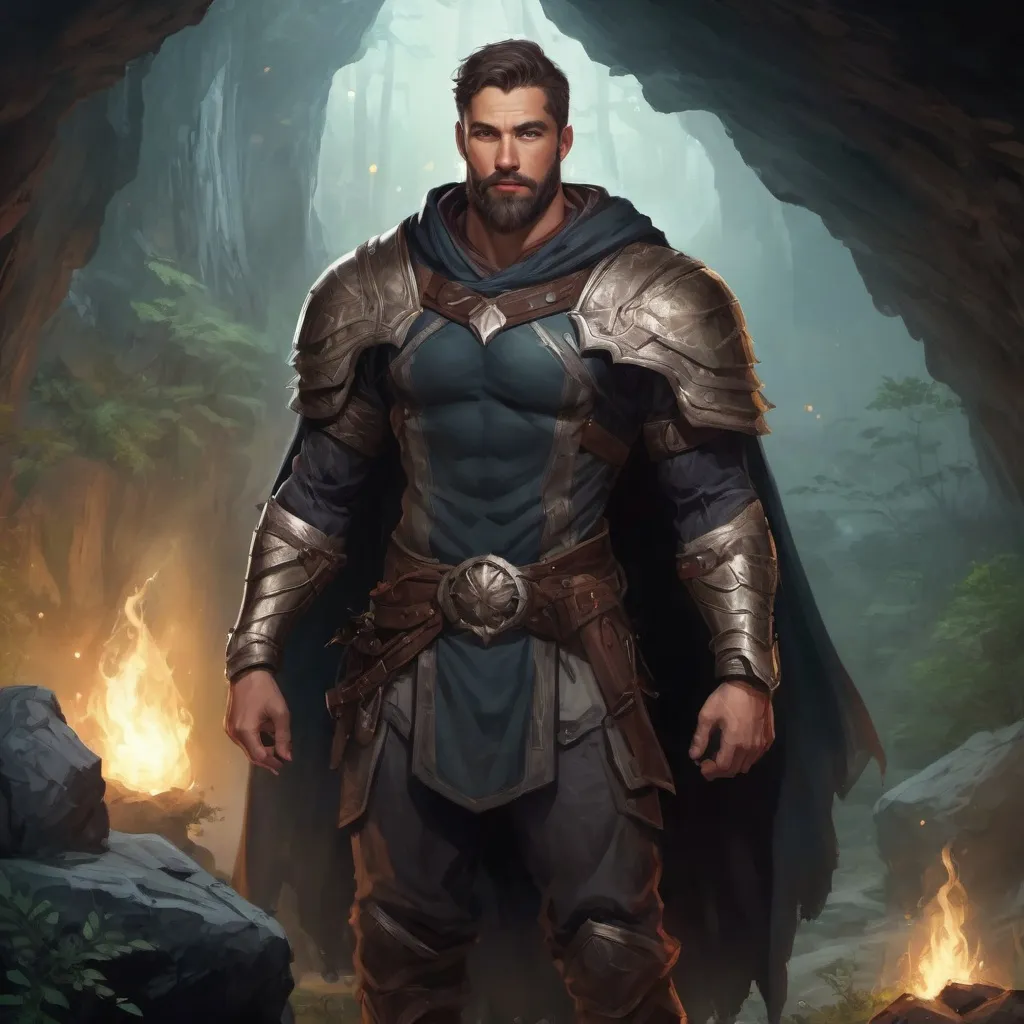 Prompt: (Full body) male handsome large muscular magical crusader with short hair and beard, outside of a cave by a forest at night, pathfinder, d&d setting, in a realistic high quality digital art style