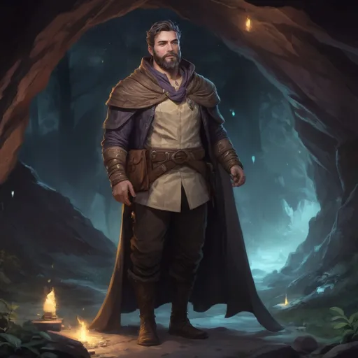 Prompt: (Full body) male manly stocky Arcane sorcerer with short hair and beard, outside of a cave by a forest at night,  pathfinder, d&d setting, in a realistic high quality digital art style