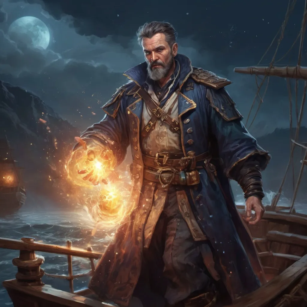 Prompt: male stocky mature heavy-built large pirate magus with short hair and beard, wearing magic coat, casting a water spell, on a ship by land at night, pathfinder, d&d setting, in a realistic high quality digital art style