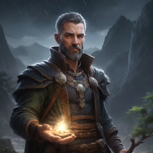 Prompt: (head and torso) Male heavy-set mature fantasy-druid with short-cut hair and beard, holding magic-spell, in a mountain valley at night. in rain, in combat, pathfinder, d&d setting, in a realistic high quality digital art style, enhanced shadow quality