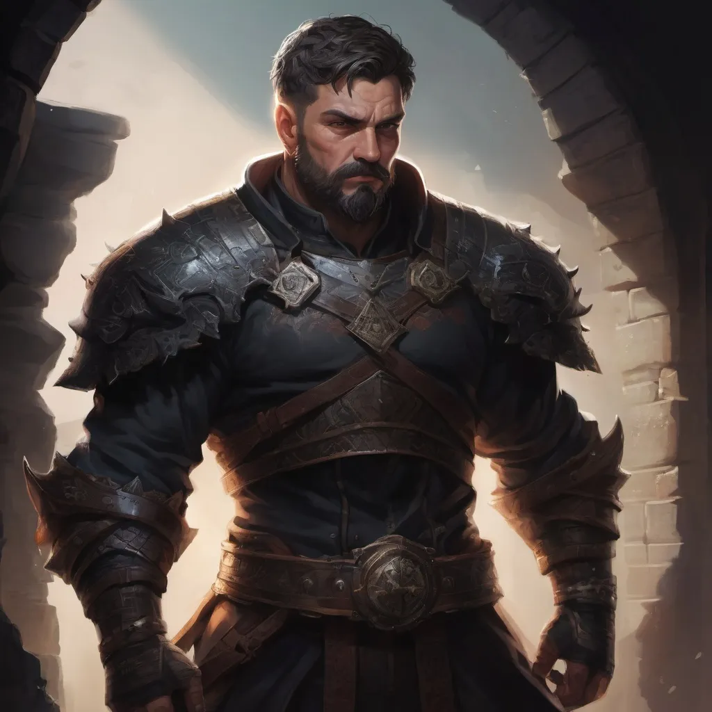 Prompt: Male stocky large mature fighter with short-cut hair and beard, exploring a dark dungeon fighter a shadow-monster, pathfinder, d&d setting, in a realistic high quality digital art style, enhanced shadow quality, colorful