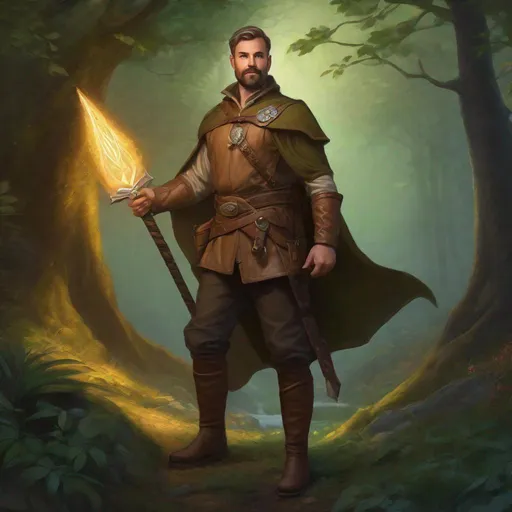 Prompt: (Full body) A male explorer with short cut salt and pepper hair with short-beard manly face, pathfinder, magic swirl, holding weapon, dungeons and dragons, brown boots, fantasy setting, standing in a forest glade at night, in a painted style realistic art