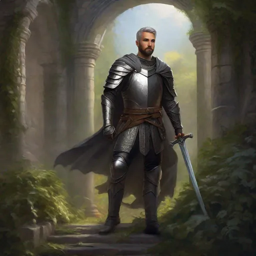 Prompt: (Full body) a great knight with short beard grey short-cut hair, belt, boots, leather pants, holding a sword, standing in a dark overgrown temple ruin, fantasy setting, dungeons & dragons, in a painted style realistic art