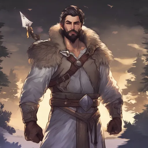 Prompt: (Full body) male stocky big-chested hairy-chested paladin with short hair and beard, open shirt, in nature at night, pathfinder, d&d setting, in a realistic digital art style