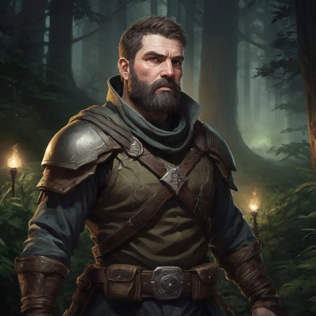 Prompt: Male stocky heavy-set mature fantasy-ranger with short-cut hair and beard, outside of fantasy forest at night, pathfinder, d&d setting, in a realistic high quality digital art style, enhanced shadow quality