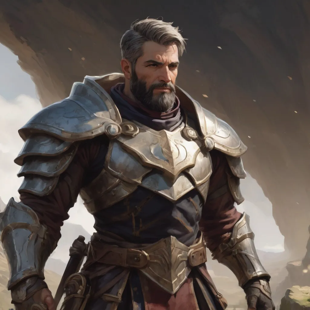 Prompt: Male heavy-set mature holy-paladin with short-cut hair and beard, in a windy valley, pathfinder, d&d setting, enhanced shadow quality