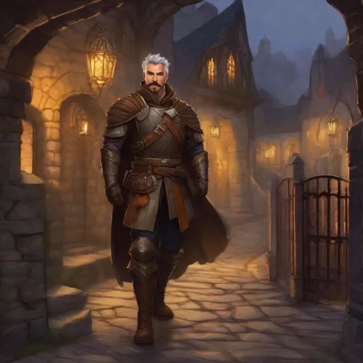 Prompt: (Full body) A hairy broad-chested large handsome male rogue with short-cut grey hair a mustache and stubble, pathfinger, leather armor, dungeons and dragons, hairy chest, brown boots, fantasy setting, coming out a town gate late at night, in a painted style realistic art