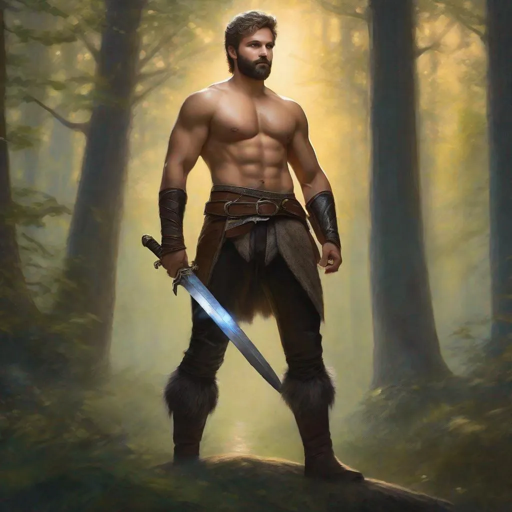 Prompt: (Full body) a fuzzy hairy-chested gay fighter with short beard  grey short-cut hair no shirt on, belt, boots, leather pants, holding a sword, standing in a forest glade at night, fantasy setting, dungeons & dragons, in a painted style realistic art