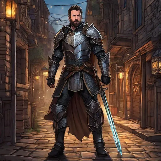 Prompt: (Full body) male knight looks like ben affleck , glowing eyes with short cut hair with short beard, manly face, chain shirt, leather pants, pathfinder, dungeons and dragons, in a dark back street, in a painted style, realistic