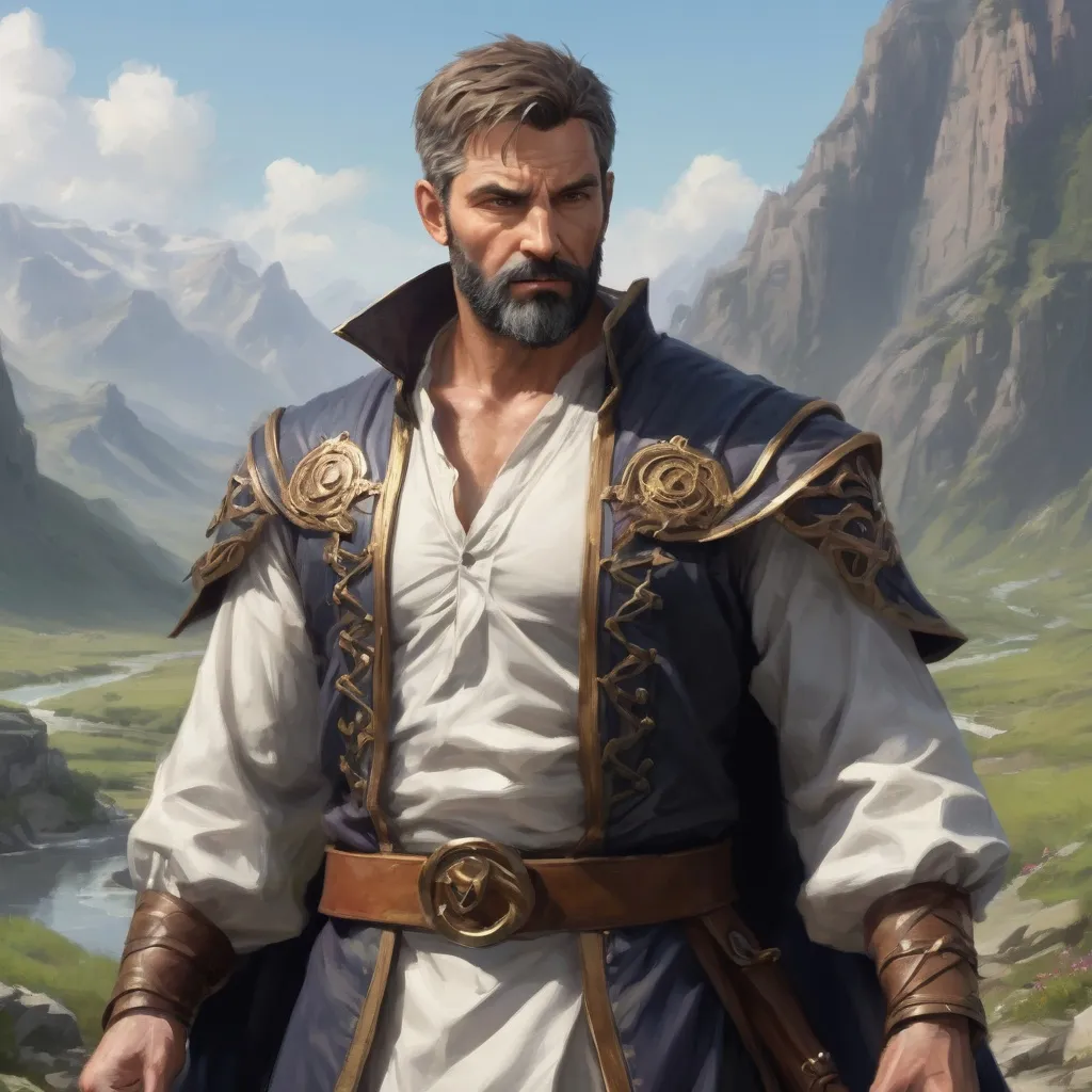 Prompt: (torso) Male heavy-set mature fit Summoner with short-cut hair and beard, casting magic out of hands, in a windy valley, pathfinder, d&d setting, enhanced shadow quality