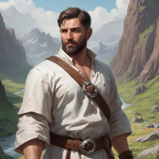 Prompt: (Torso) Male stocky heavy-set large fit cleric with short-cut hair and beard, open shirt, casting a healing-spell out of hands, in a windy valley, pathfinder, d&d setting, enhanced shadow quality, colourful