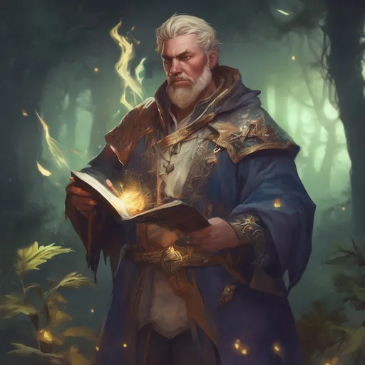 Prompt: (Full body) male manly stocky nature-mage with blonde short-cut hair and beard, casting a magical nature-spell, in nature at night, pathfinder, d&d setting, in a realistic digital art style