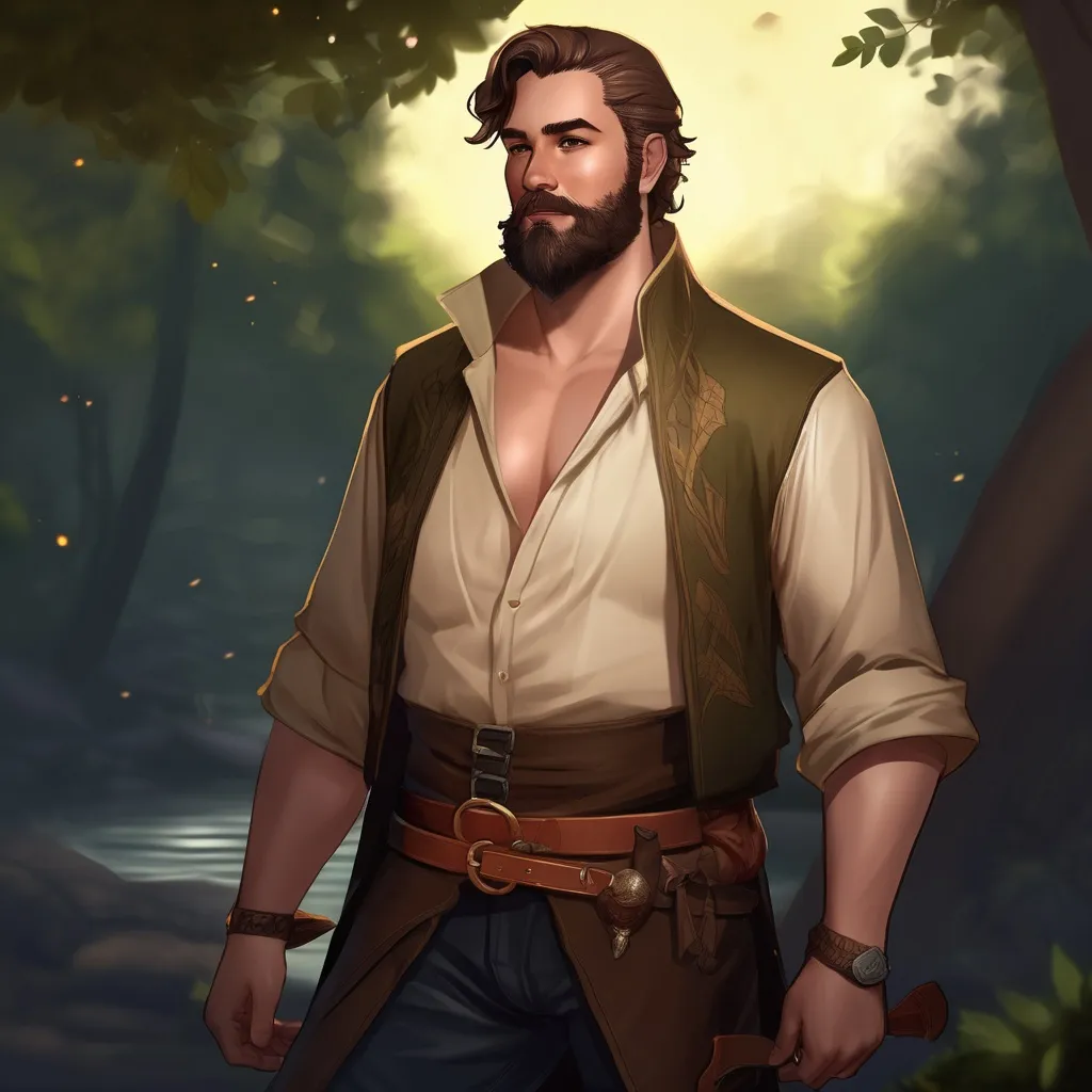 Prompt: (Full body) male stocky flirty bard with short hair and beard, open shirt, in dark lit nature background, pathfinder, d&d setting, in a realistic digital art style