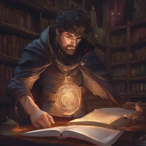 Prompt: (Full body) male stocky young warlock with short hair and beard, casting swirly eldritch spell, in a dark library, pathfinder, d&d setting, in a realistic high quality digital art style