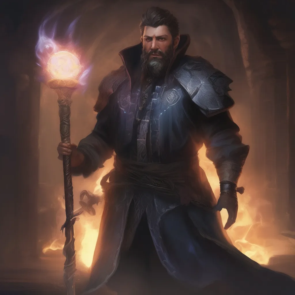 Prompt: (Full body) male stocky arcane-sorcerer with short-cut hair and beard, holding magic staff with swirly lights, in a dark underground dungeon temple, pathfinder, d&d setting, in a realistic digital art style