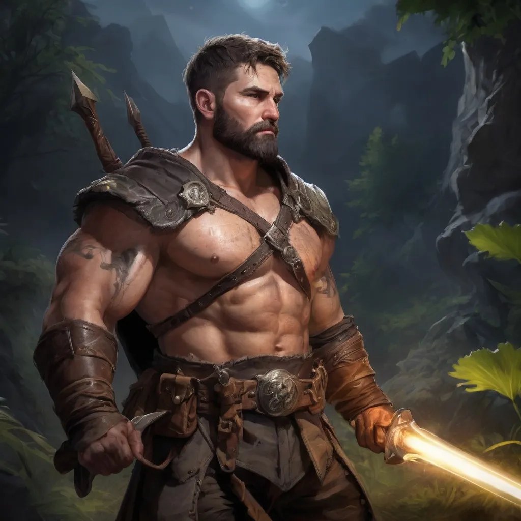 Prompt: male stocky fat muscular 
ranger-fighter with short hair and beard, holding fantasy-weapon, in nature at night, pathfinder, d&d setting, Realistic, Enhanced shadow and light quality