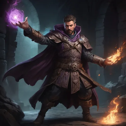 Prompt: Male stocky large mature warlock with short-cut hair and beard, engaged in combat casting a arcane spell inside of a dark dungeon, pathfinder, d&d setting, in a realistic high quality digital art style, enhanced shadow quality, colorful
