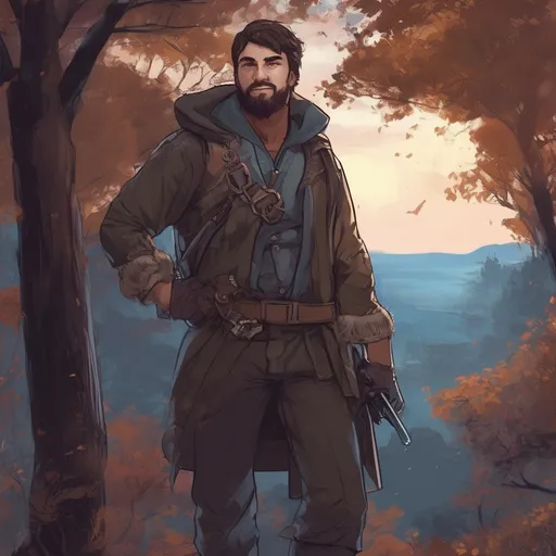 Prompt: (Full body) male stocky big-chested thief with short hair and beard, in nature at night, pathfinder, d&d setting, in a realistic digital art style