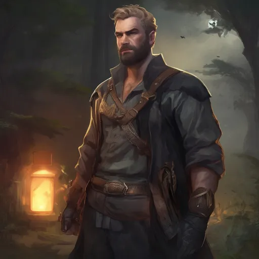 Prompt: (Full body) male stocky big-chested Noble thief with blonde short hair and beard, in nature at night, pathfinder, d&d setting, in a realistic digital art style