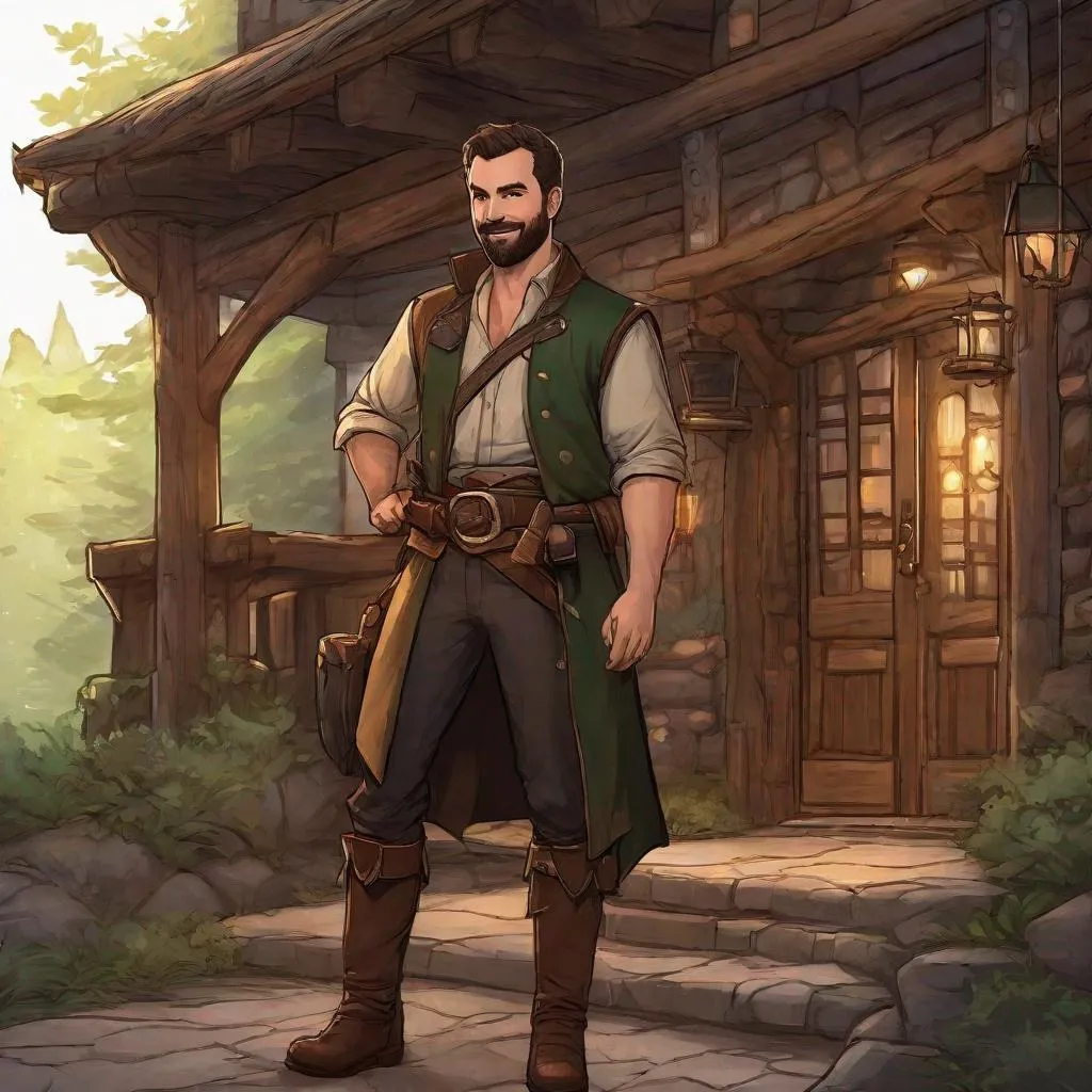 Prompt: (Fullbody) ranger hairy manly face looks like johnny lee miller, short-hair, short-bearded, leather shirt, open shirt, heavy belt, brown boots, cloak, pathfinder, dungeons and dragons, monocle, outside a tavern by the woods at night, holding a weapon, in a painted style, realistic