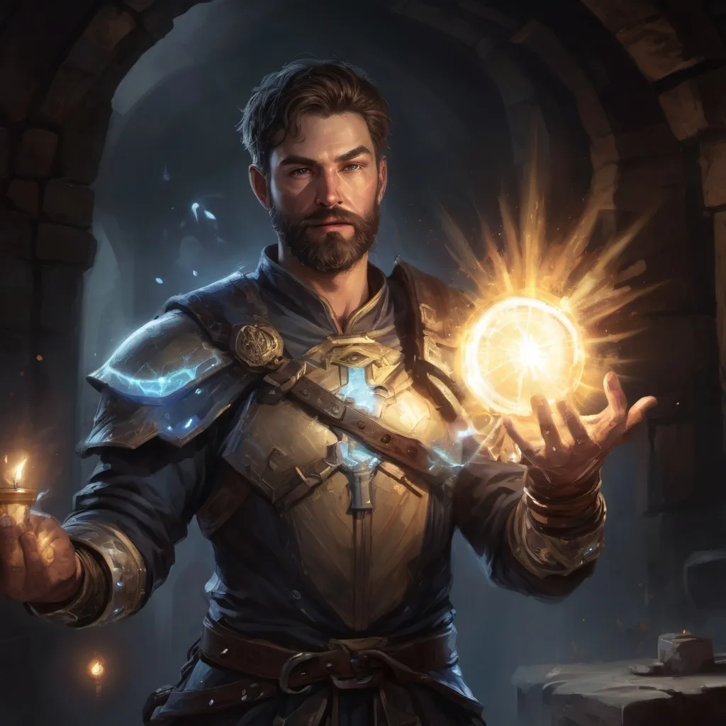 Prompt: Male stocky large cleric with short-cut hair and beard, engaged in combat casting a holy light spell inside of a dark dungeon, pathfinder, d&d setting, in a realistic high quality digital art style, enhanced shadow quality, colorful