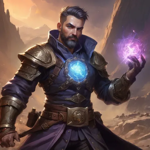 Prompt: Male stocky heavy-set mature arcane-alchemist with short-cut hair and beard, on a battlefield, in combat, holding a astral-bomb, pathfinder, d&d setting, in a realistic high quality digital art style, enhanced shadow quality, colorful