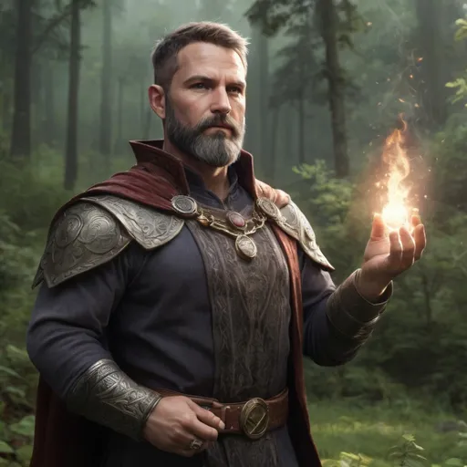 Prompt: (head and torso) Male stocky fit 40-year old handsome druid with short-cut hair and beard, holding magic-spell, on a field outside of a forest, pathfinder, d&d setting, enhanced shadow quality