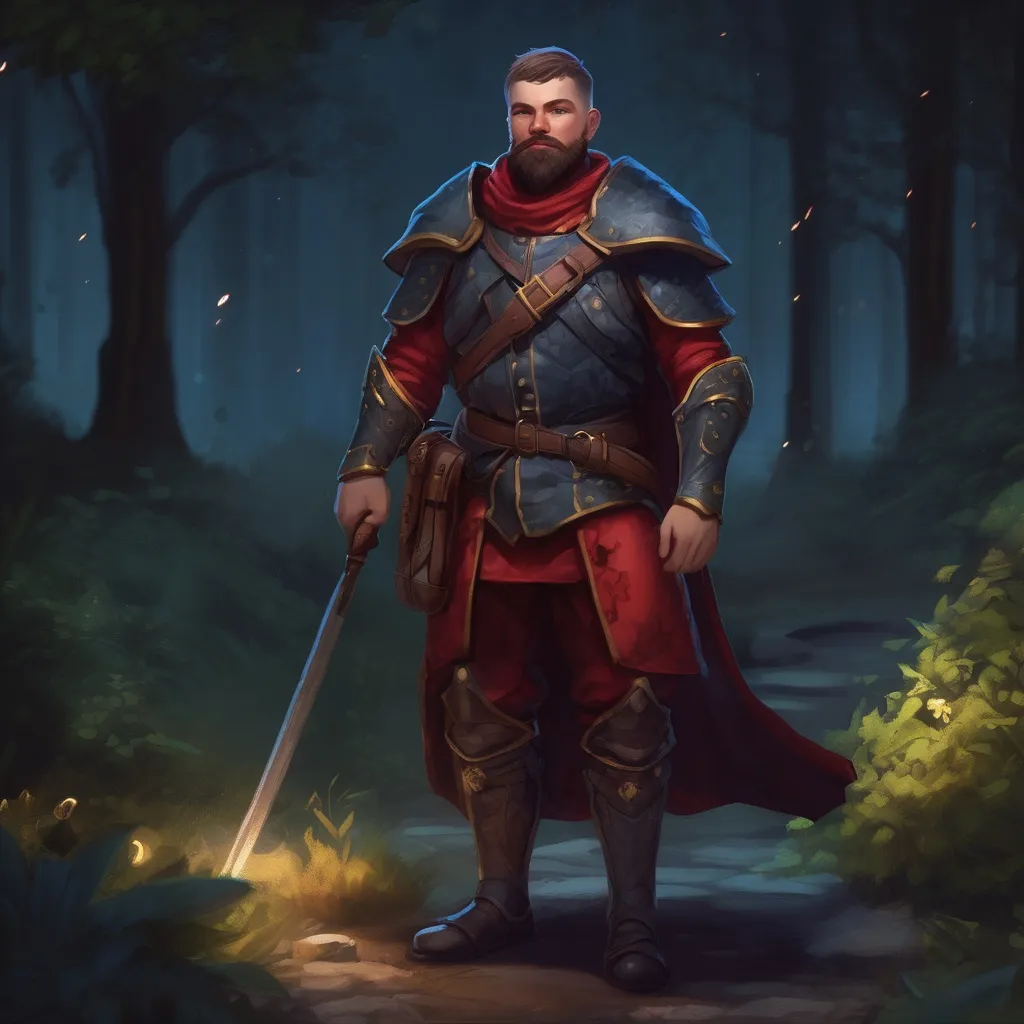 Prompt: (Full body) male magical stocky royal guard with short hair and beard, in nature at night, pathfinder, d&d setting, in a realistic digital art style