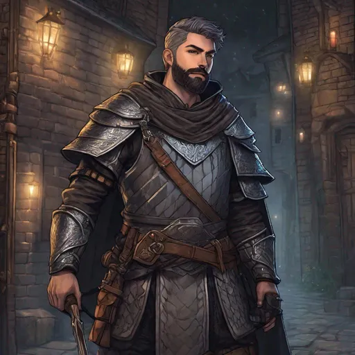 Prompt: (Full body) handsome alchemist glowing eyes with short cut hair beard, manly face, dark chain mail armor, holding a crossbow, pathfinder, dungeons and dragons, in a dark back street, sneaking, in a painted style, realistic