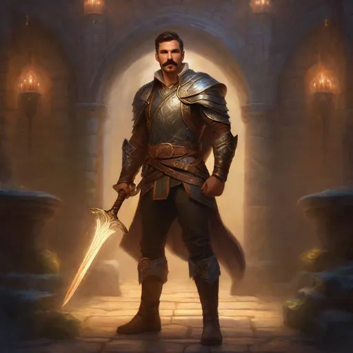 Prompt: (Full body) a male fighter with mustache and stubble short-cut hair, handsome manly face, belt, boots, hairy chest, holding magical dagger, swirly lights, standing in a otherwordly dimention, fantasy setting, dungeons & dragons, in a painted style realistic art