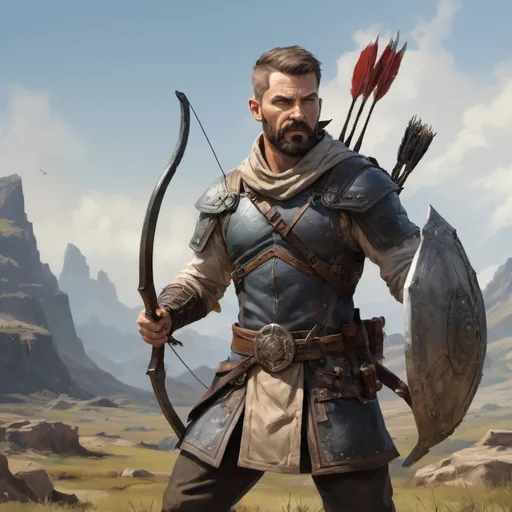 Prompt: (torso) Male heavy-set mature fit archer-ranger with short-cut hair and beard, holding fantasy-weapon , in a windy battlefield, pathfinder, d&d setting, enhanced shadow quality