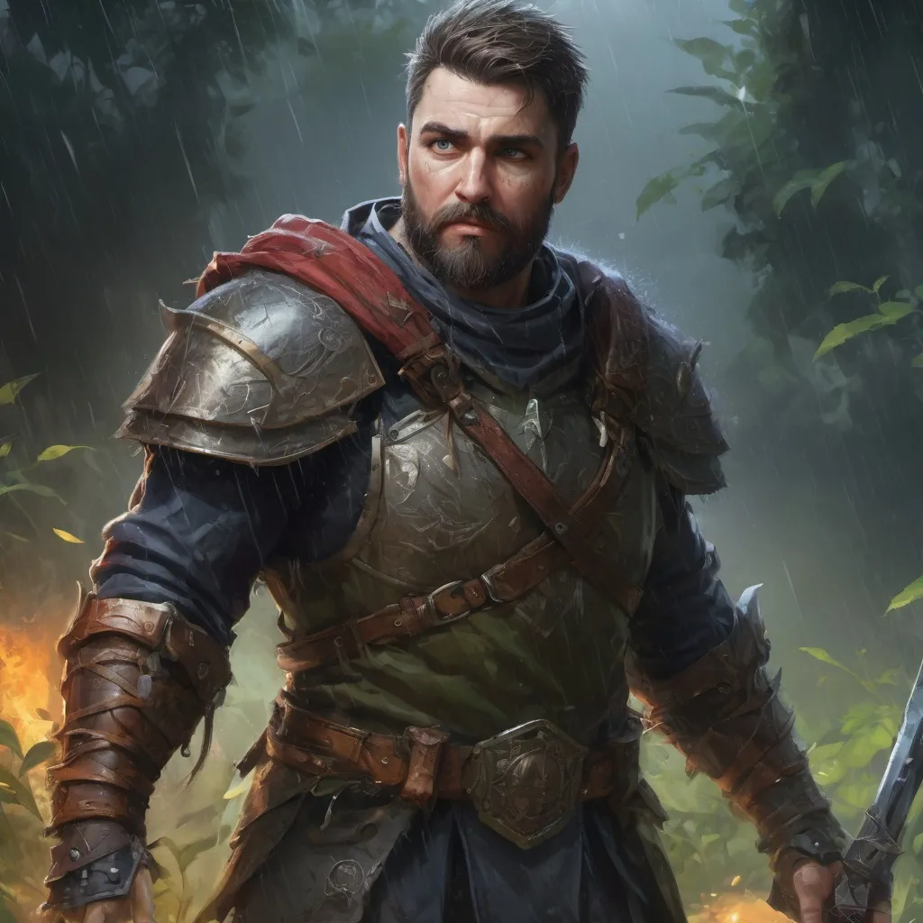 Prompt: Male stocky heavy-set warrior with short-cut hair and beard, in a thicket battlefield in a rainstorm, pathfinder, d&d setting, in a realistic high quality digital art style, enhanced shadow quality, colorful