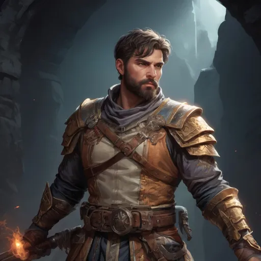 Prompt: Male stocky large mature Palastinian fighter with short-cut hair and beard, exploring a dark astral magical dungeon in combat, pathfinder, d&d setting, in a realistic high quality digital art style, enhanced shadow quality, colorful