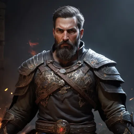 Prompt: (torso) Male stocky large bulgarian handsome battle-mage with short-cut hair and beard, engaged in combat casting an arcane-spell inside of a dark dungeon, in movement, pathfinder, d&d setting, realistic, enhanced shadow quality, colorful
