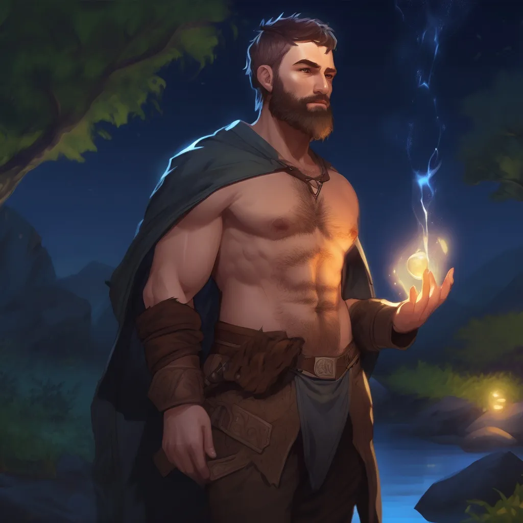 Prompt: (Full body) male thick hairy-chested mage with short hair and beard, no shirt on, in nature at night, pathfinder, d&d setting, in a realistic digital art style