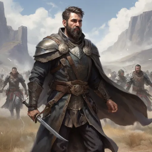 Prompt: Male heavy-set mature fit Cleric with short-cut hair and beard, casting healing-magic out of hands on a wounded male warrior with short hair and a beard, in a windy battlefield, pathfinder, d&d setting, enhanced shadow quality