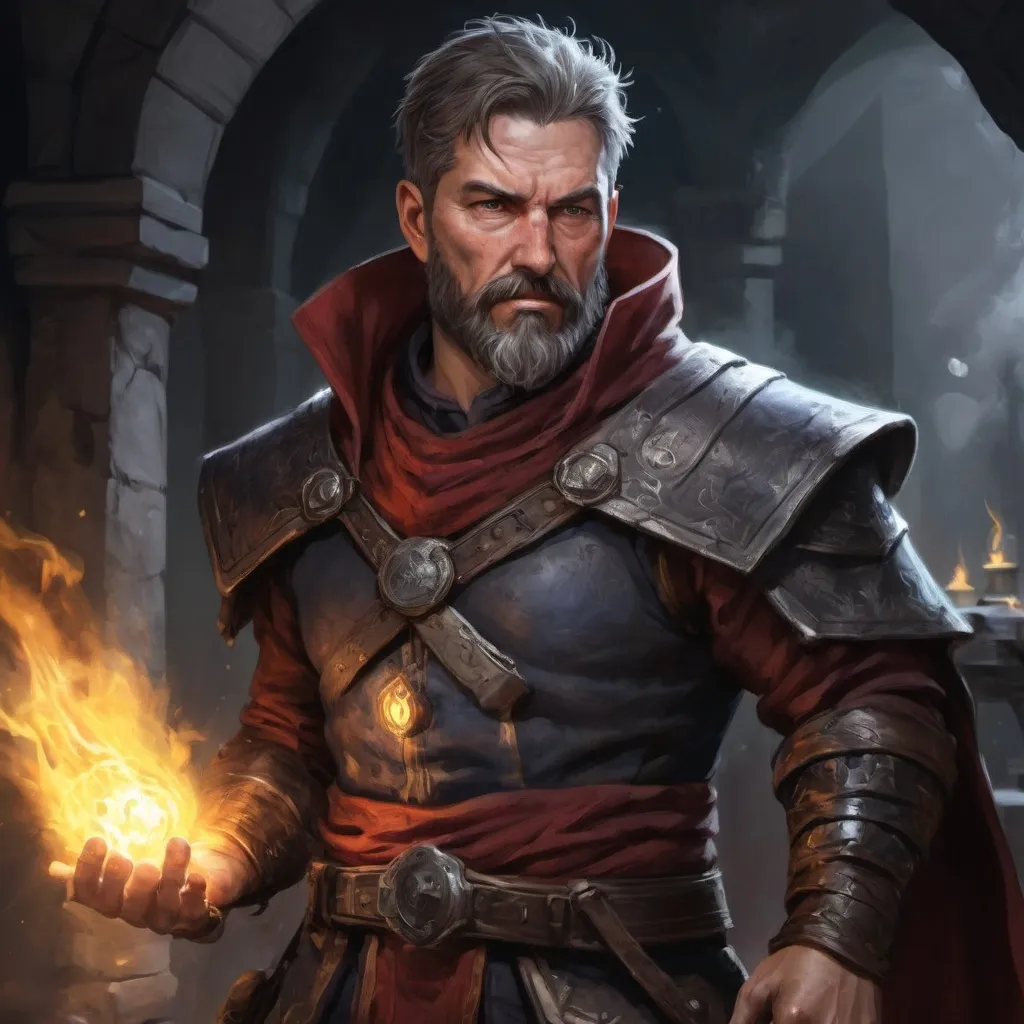 Prompt: (torso) Male stocky large mature handsome battle-mage with short-cut hair and beard, engaged in combat casting an arcane-spell inside of a dark dungeon, in movement, pathfinder, d&d setting, realistic, enhanced shadow quality, colorful
