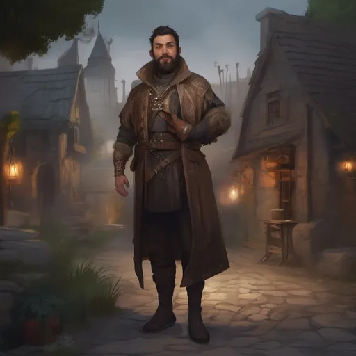 Prompt: (Full body) male manly stocky cleric healer with dark short-cut hair and beard, outside of a small village at night, pathfinder, d&d setting, in a realistic digital art style