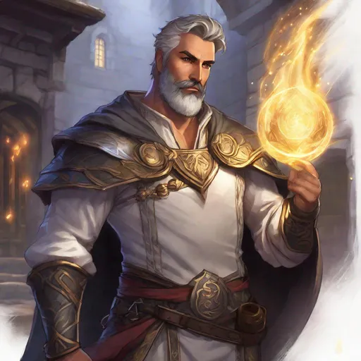 Prompt: (Full body) handsome large older paladin glowing eyes with short cut hair with grey streaks short beard, manly face, open shirt, hairy chest, casting a magic spell, smite, pathfinder, dungeons and dragons, in a dark back street, in a painted style, realistic