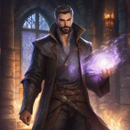 Prompt: (Full body) handsome young elemental wizard glowing eyes with short cut hair with grey streaks short beard, manly face, leather shirt, casting a magic spell, pathfinder, dungeons and dragons, in a dark back street, in a painted style, realistic