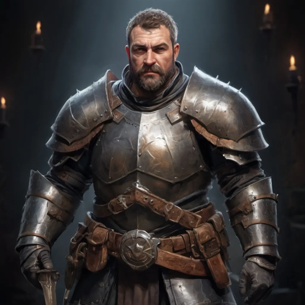 Prompt: (torso) Male stocky large mature swiss knight with short-cut hair and beard, engaged in combat inside of a dark dungeon, pathfinder, d&d setting, realistic high quality enhanced shadow quality