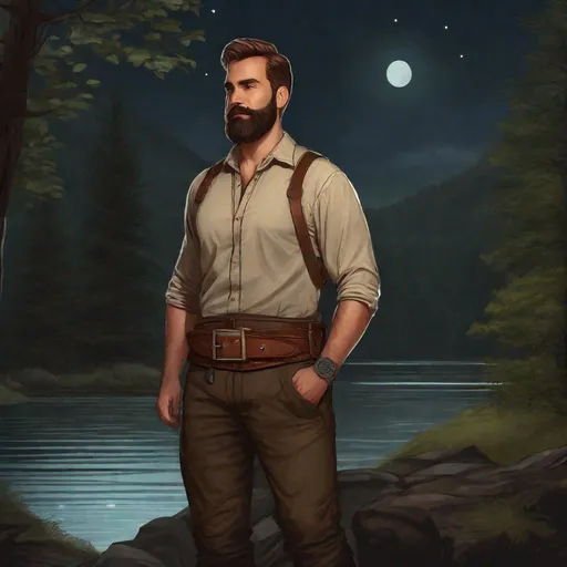 Prompt: (Fullbody) male large adult ranger manly face, brown short-hair short-bearded, thin shirt very hairy chest, heavy belt, brown boots, pathfinder, dungeons and dragons, dark forest by a lake at midnight, in a painted style, realistic