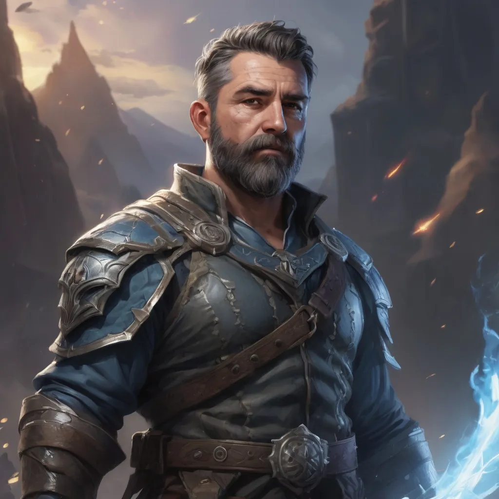 Prompt: Male stocky heavy-set mature illutionist with short-cut hair and beard, on a battlefield, in combat, casting a azure-spell, pathfinder, d&d setting, realistic high quality, enhanced shadow quality