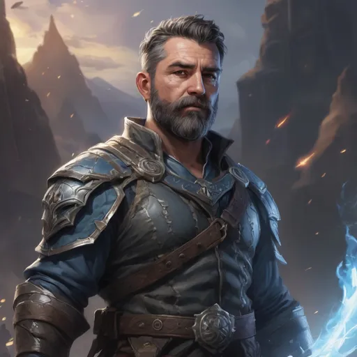 Prompt: Male stocky heavy-set mature illutionist with short-cut hair and beard, on a battlefield, in combat, casting a azure-spell, pathfinder, d&d setting, realistic high quality, enhanced shadow quality