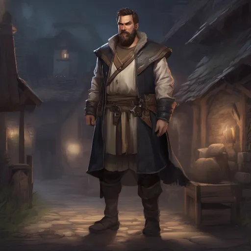 Prompt: (Full body) male manly stocky cleric healer with dark short-cut hair and beard, outside of a small village at night, pathfinder, d&d setting, in a realistic digital art style