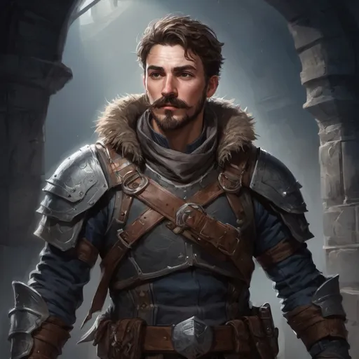 Prompt: Male stocky hairy sneaky rogue in light armour with short hair and mustache, exploring a dark dungeon, pathfinder, d&d setting, in a realistic high quality digital art style, enhanced shadow quality, colorful