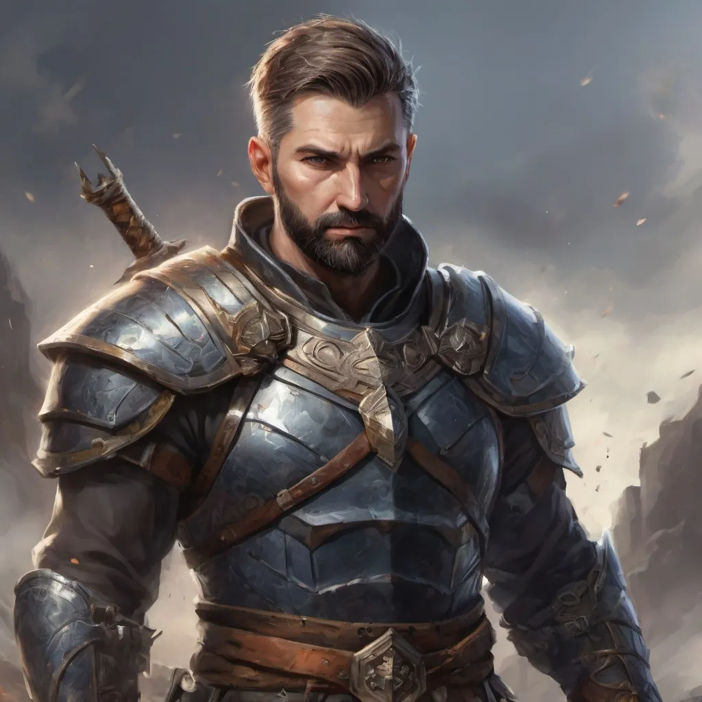 Prompt: (torso) Male heavy-set mature fit magical Paladin with short-cut hair and beard, holding fantasy-weapon , in a windy battlefield, pathfinder, d&d setting, enhanced shadow quality